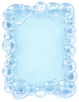 Bubbles frame and transparent bath soap sud  bubble composition  with blank area in the middle for text with bunch of foam soap suds in many circular sizes in the air floating as clean blue symbols of bath washing and freshness.
