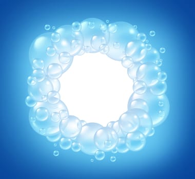Bubbles blank circle in clean water and transparent soap sud  bubble composition with a soap suds in many circular sizes in the air floating as clean blue symbols of washing and freshness.