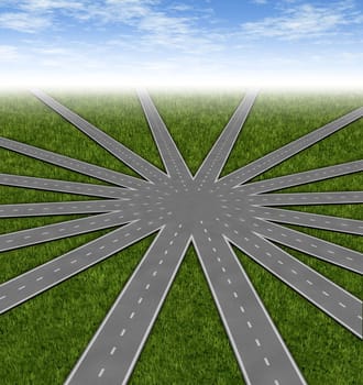 Choices and strategies symbol represented by a network of roads and highways merging to a center point showing many options and paths available to a team and common goals vision and a multiple paths to a unified strategy.