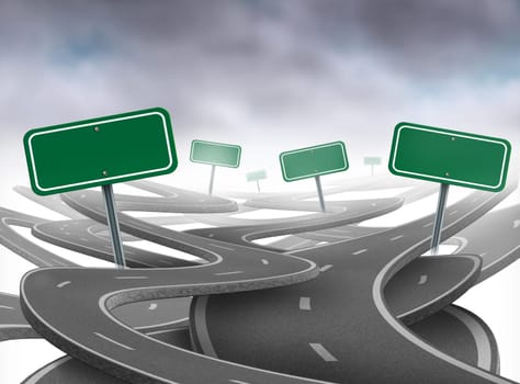 Stay on course symbol  representing dilemma and concept of losing control of onesgoals and strategic journey choosing the right strategic path for business with a blank yellow traffic signs tangled roads and highways in a confused direction.