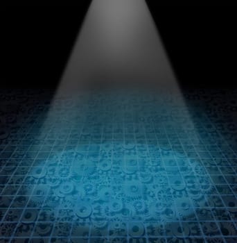 Industrial manufacturing featured background showing a spot light shining and glowing on a floor with a grid and gears and cogs showing engeneering and mechanical machine parts moving to create products and services.