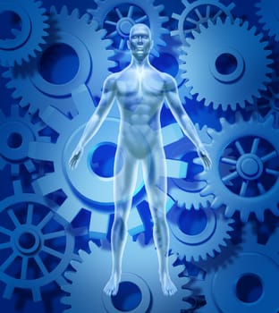 Human health and biology symbol showing a figure with gears and cogs representing the medical healthcare concept of healthy organ function of the body and mind free of disease and illness due to pharmaceutical medicine cures.