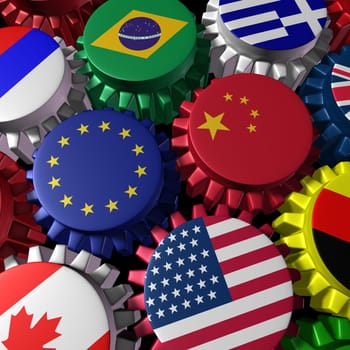 Global world economy machine with China and Europe  in the center represented by gears and cogs with the countries flags of Greece Russia U.S.A. Canada Germany Brazil and Britain representing international trade and world imports and exporting industry.