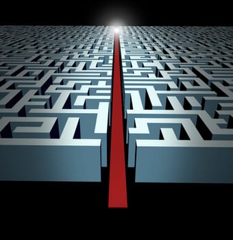 Leadership and strategy through business challenges and obstacles represented by a maze and labyrinth with a clear solution shortcut path opened with a red velvet carpet to lead the way to success and victory.