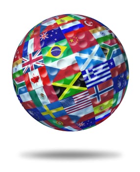 International golf tournament champion symbol represented by a golf ball with the flags of the world countries showing the concept of global golfing sports competion winning and world golf course  game activity.