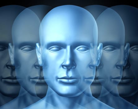 Business Leadership and vision Training with a blue frontal human head showing openess to learn and lead a financial team into a successful career and corporate future.