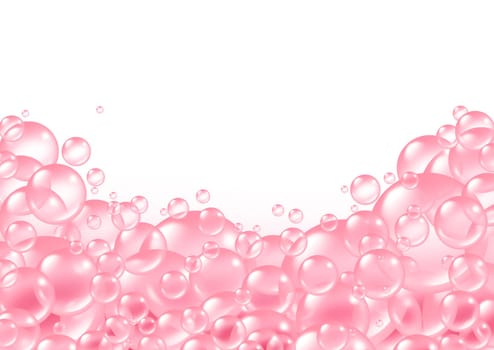 Pink bubbles frame and transparent bath soap sud  bubble composition  with blank area in the middle for text with bunch of foam soap suds in many circular sizes in the air floating as clean symbols of washing and freshness.