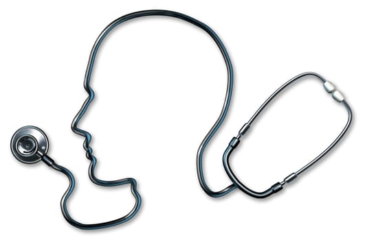 Mental health and healthcare with stethoscope in the form of a human head and brain used in a clinic for a mental Medical Exam by doctors on a white background representing the concept of good neurological mind health and alzheimer depression medicine.