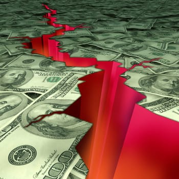 Financial disaster and economic earthquake symbol and concept of struggling economy and doomsday predictions of the market recesion and U.S debt and deficit showing American currency cracked and damaged by a deep red rupture.