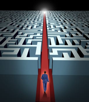 Leadership and business vision with strategy through corporate challenges and obstacles represented by a maze and  a business man in a labyrinth with a clear solution shortcut path opened with a red velvet carpet to lead the way to success and victory.