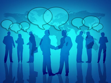 Social business networking symbol showing teamwork and social gatherings with a global map in the background.