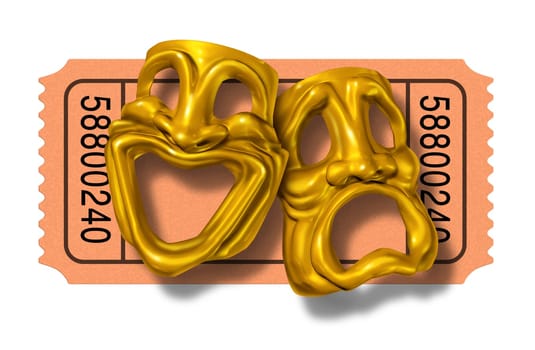 Movie ticket stub with gold comedy and tragedy masks symbol represented by two theatrical expressions with one face smiling and happy and another feeling sad and unhappy as a symbol of theater and cinema entrance admission fee.