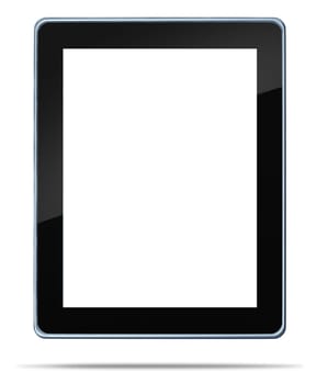 Tablet computer with a blank white digital display touch screen as an  electronic gadget on a white background and shadow symbol of technology concept of computing media tool for digital content distribution for music e-books movies and internet browsing.