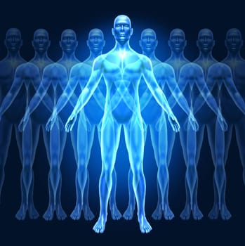 Human growth development and leadership symbol represented by a human with gradual well-being growing phases showing the concept of education and personal  inner strenght.