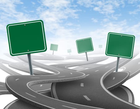 Stay on course symbol  representing dilemma and concept of losing control of onesgoals and strategic journey choosing the right strategic path for business with a blank yellow traffic signs tangled roads and highways in a confused direction.