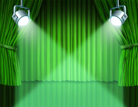 Theater stage with spotlights on green velvet cinema curtain and drapes representing the entertainment communications concept of an important announcement in a rich cinema and theater environment.
