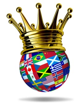 World leader with global flags with countries as United States,England,Europe,Italy,Greece,China with a gold crown representing leadership and victory in international trade and world business.