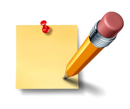 Writing an on a blank office note with a yellow pencil representing the symbol and concept of communication and marketing when promoting an important reminder or business message to employees and staff to educate and notify.