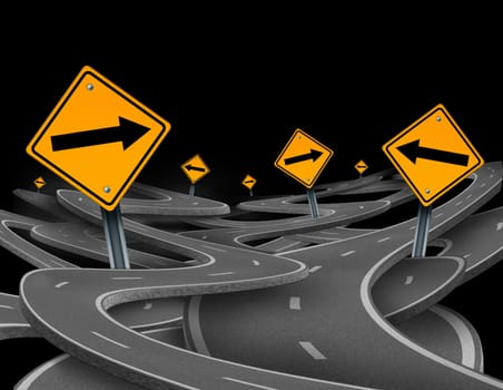 Staying on course symbol  representing dilemma and concept of losing control and strategic journey choosing the right strategic path for business with traffic signs tangled roads and highways in a confused direction.