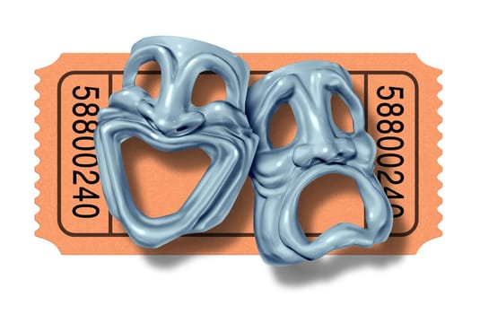 Movie ticket stub with silver comedy and tragedy masks symbol represented by two theatrical expressions with one face smiling and happy and another feeling sad and unhappy as a symbol of theater and cinema entrance admission fee.