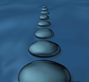 Stepping stones with smooth rocks in water as a symbol of tranquility and balance in spirituality and zen well being as a healthy lifestyle for alternative meditation medicine in a spa treatment as a way to inner success.