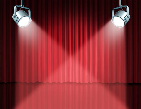 In the spotlight featuring concept for the theater stage with glowing lights on red velvet cinema curtain and drapes representing the entertainment communications concept of an important announcement in a rich cinema and theatrical environment.