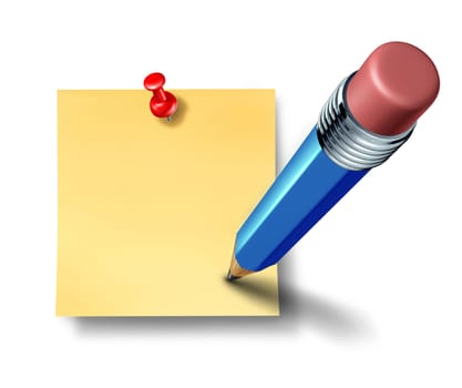 Writing an on a blank office note with a blue pencil representing the symbol and concept of communication and marketing when promoting an important reminder or business message to employees and staff to educate and notify.