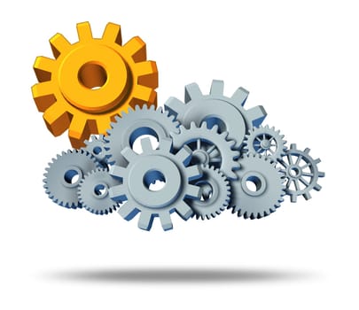 Safe cloud computing security in protected servers and the assurance of virtual apps for computers hooked up with the cloud showing  gears with a gold sun gear on white background showing the peace of mind of virtual data.