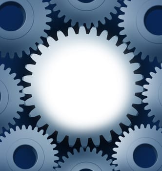 Industry and manufacturing with a blank center and a close-up of Machine Gears and cogs gowing round representing progress and industrial technology teamwork.
