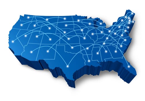 U.S.A 3D map technology communication network symbol represented by a blue dimensional United States with connecting web of fibre optic cell cables with shining center dots.
