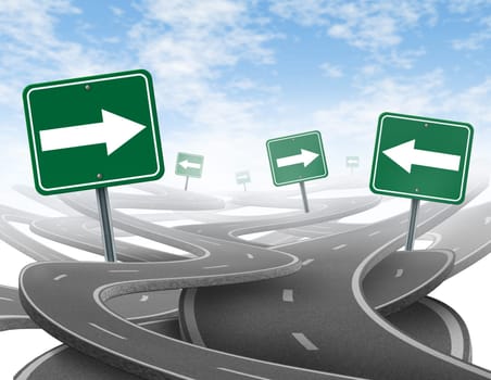 Staying on course symbol  representing dilemma and concept of losing control of onesgoals and strategic journey choosing the right strategic path for business with green traffic signs tangled roads and highways in a confused direction with arrows.