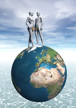 Naked Adam and Eve with leaf upon the earth