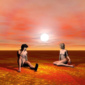 Naked Adam and Eve sitting in a desert by sunset