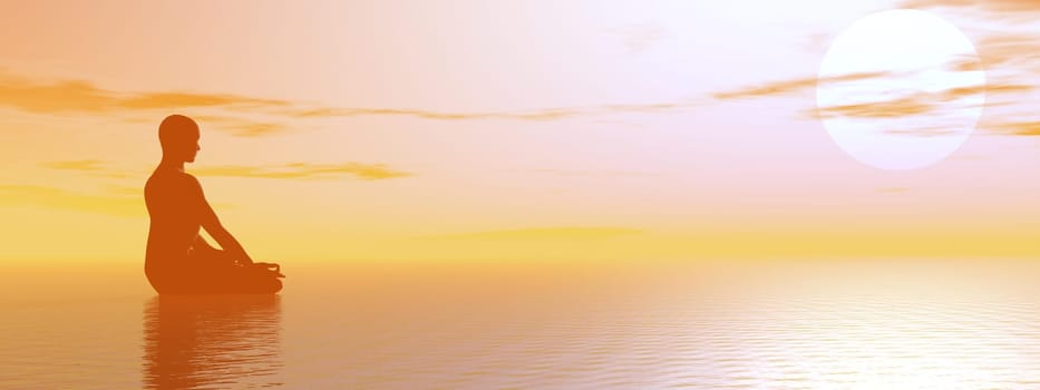 Man meditating upon the ocean by beautiful hazy sunset