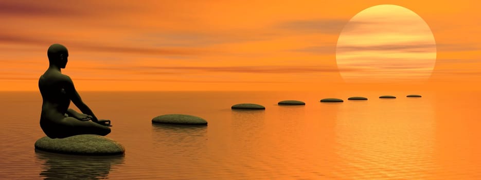 Man meditating on first step on the ocean by beautiful sunset