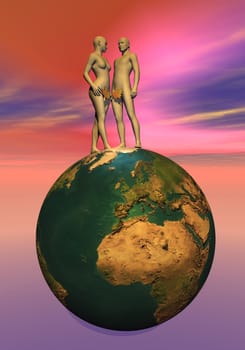 Naked Adam and Eve with leaf upon the earth