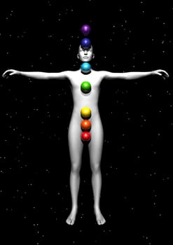 Human standing and balls with colors symbolizing chakras