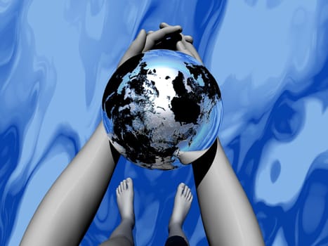 Human holding earth as to protect it in blue background