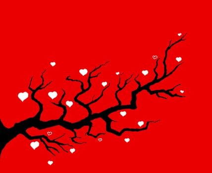 Intensive red illustration of cherry blossom with hearts