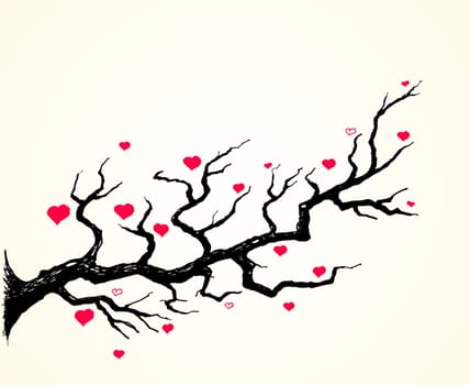 Pink hearts around black plant on light yellow background