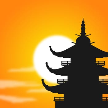 Asian Pagoda silhouette at Dusk with sun behind and fog around