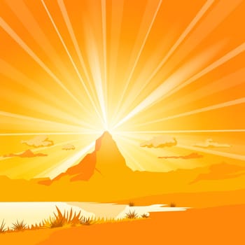 Orange sunset landscape with Mountain in the background