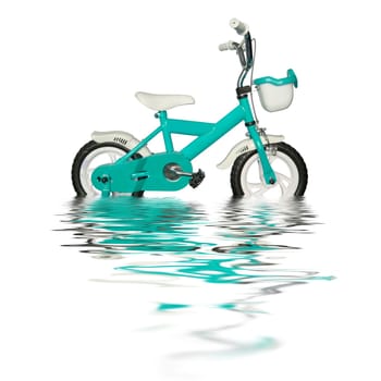 children&#039 s bicycle with water reflection on white background