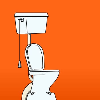 Illustration of toilet bowl and seat in bathroom and red wall