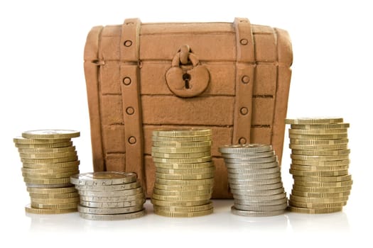 coins and ceramic chest over a white background.