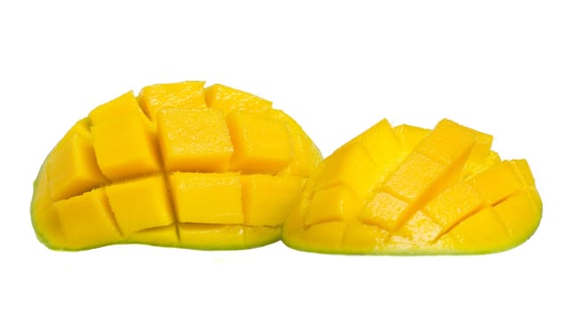 Fresh and colorful mango cut and cubed in its skin.