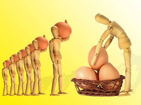 Wooden articulated dolls carry eggs and stack them together in the basket