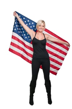 A beautiful young woman holding an American flag