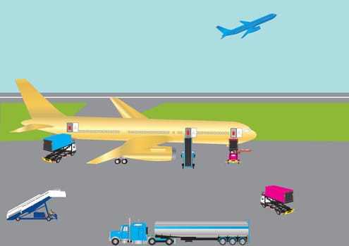 An Airliner being serviced by Hi Lift Vehicles Fuel Tanker and Stairs