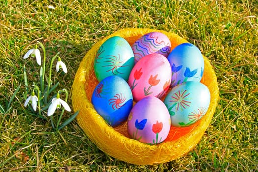 brightly painted Easter eggs and blooming snowdrops (Galanthus nivalis)